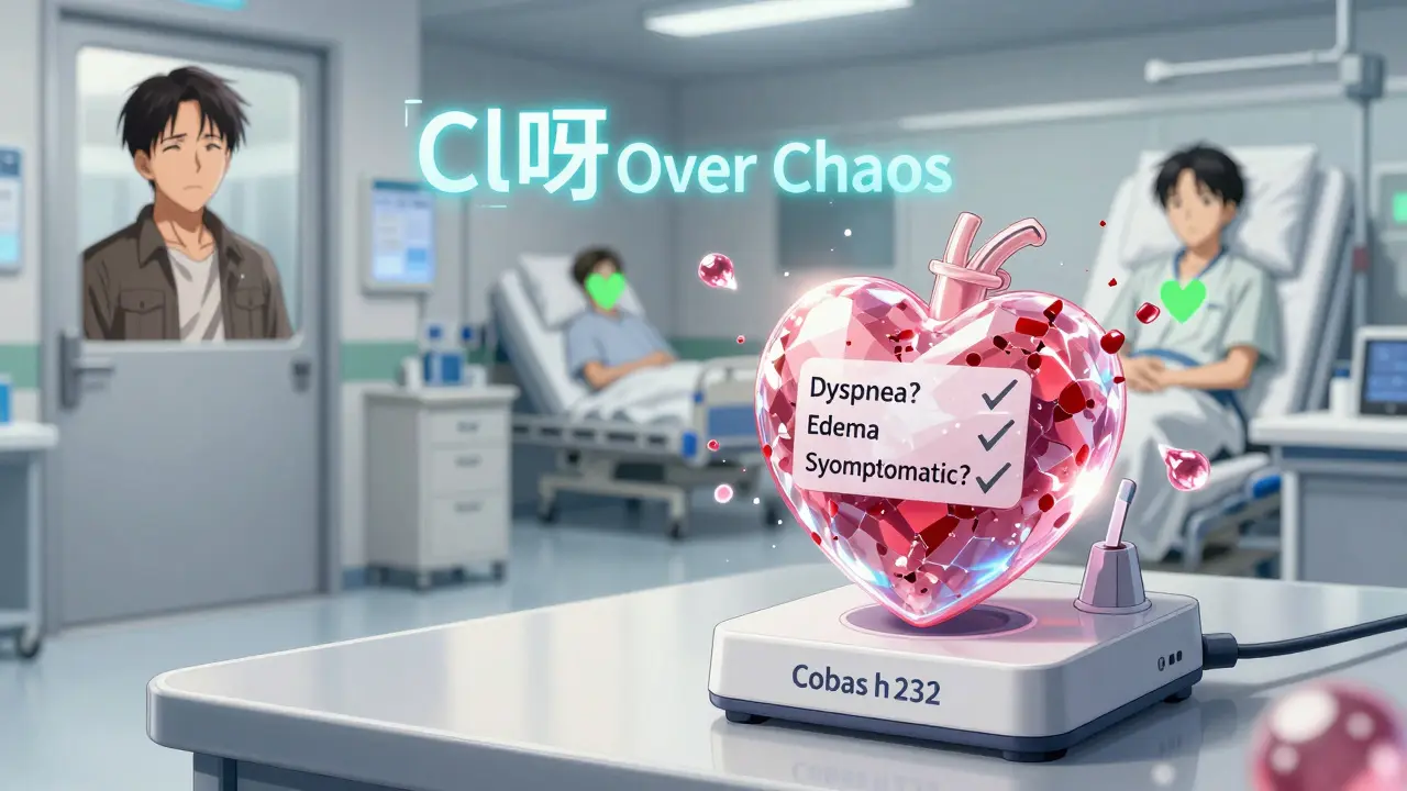 A point-of-care device turning blood into a shattering heart orb with a diagnostic checklist floating nearby.