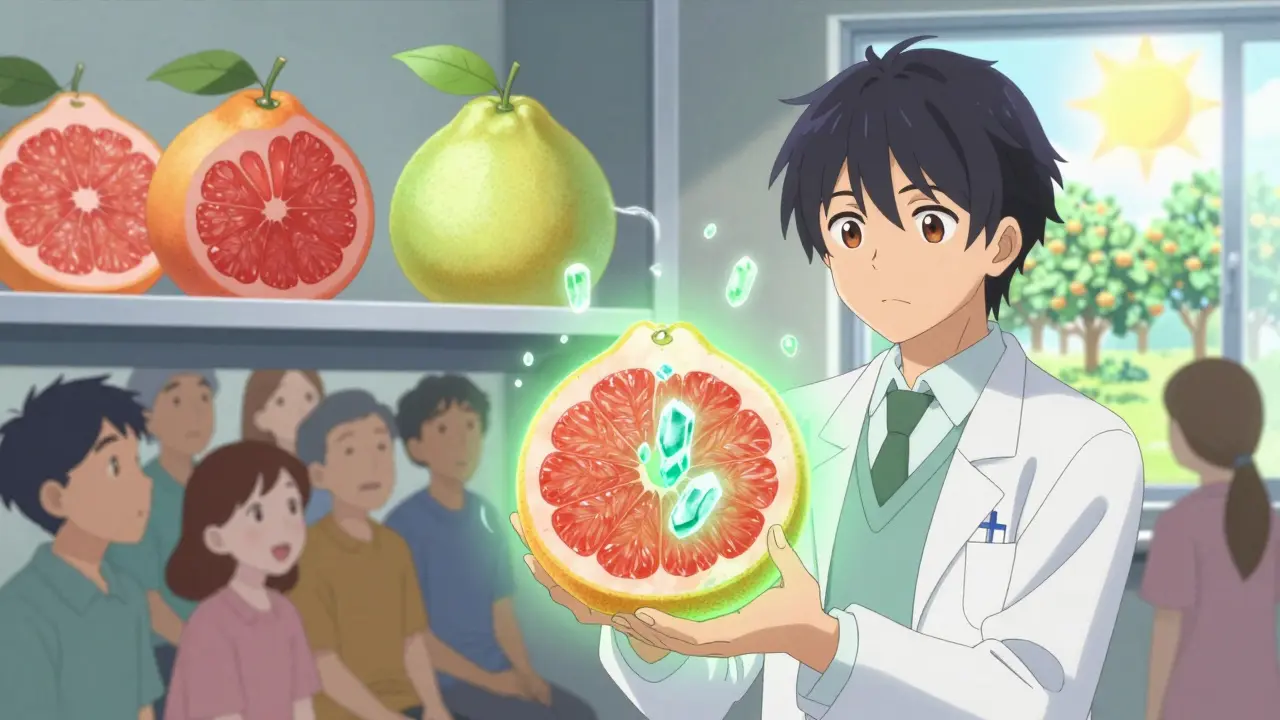 A scientist replaces dangerous compounds in a grapefruit with safe crystals, as patients watch hopefully.