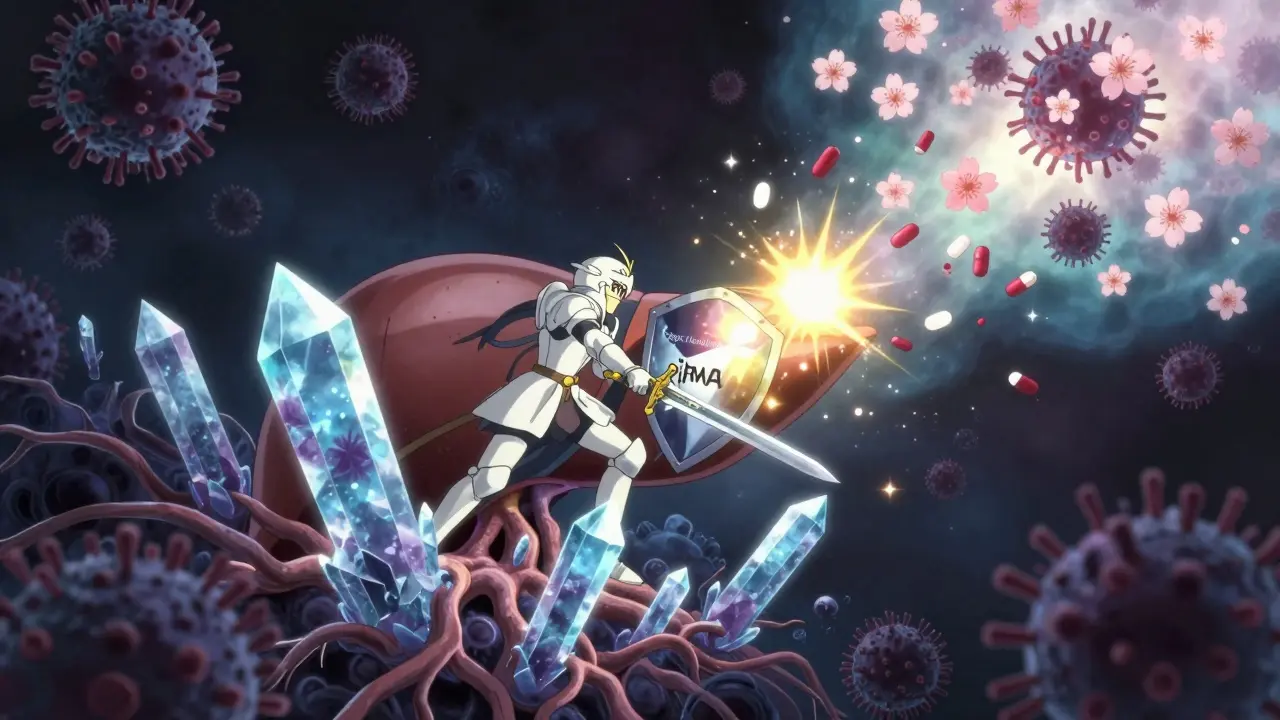A warrior battles crystalline Hepatitis B DNA in a mystical liver realm, while cure pills fall like cherry blossoms.