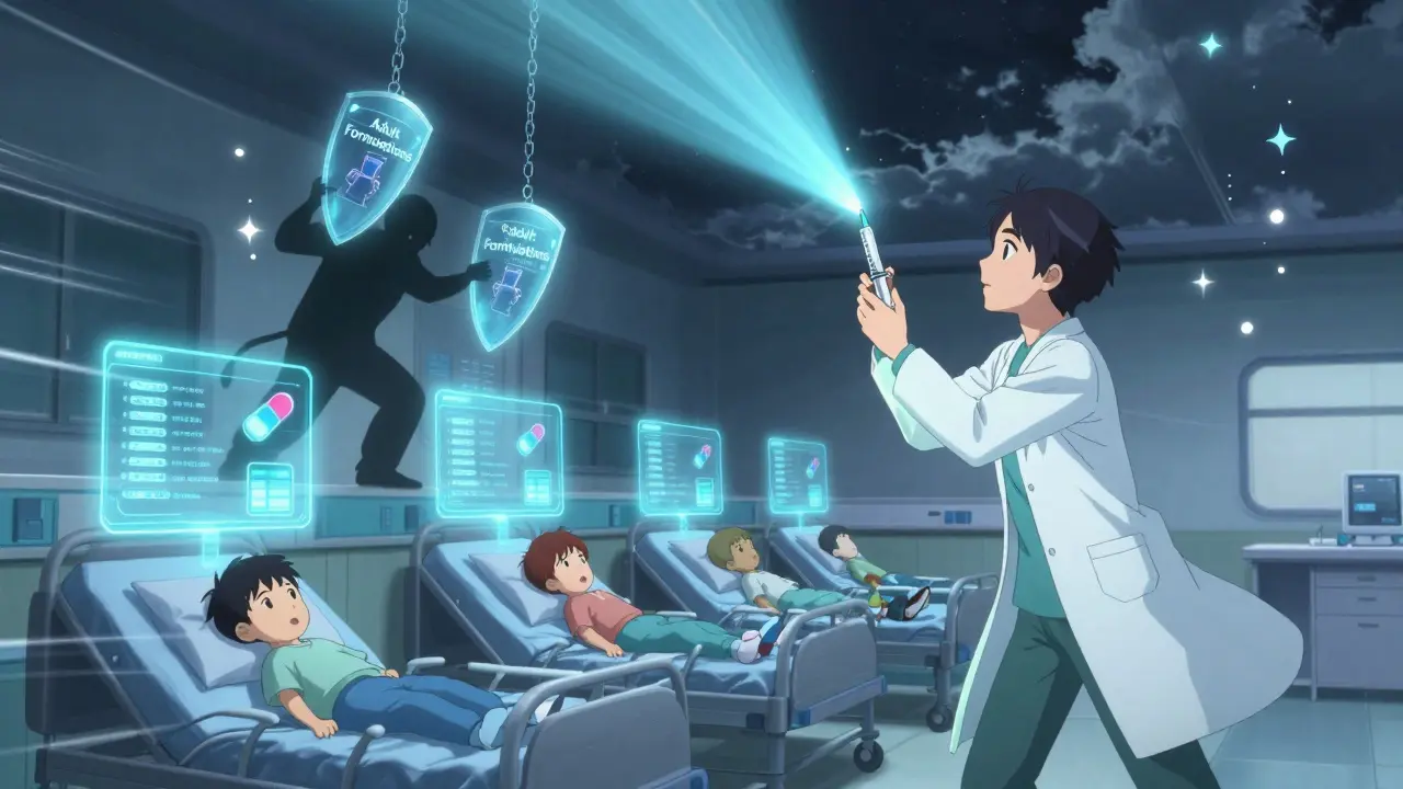 AI holograms project safe dosing above children in a hospital while a shadowy figure tries to pull down safety shields.