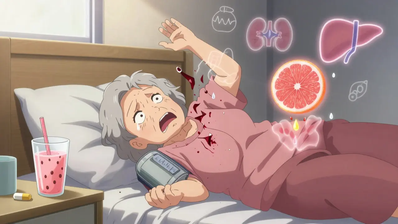 An elderly woman collapsing as a grapefruit spirit rises from a protein shake beside her bed.