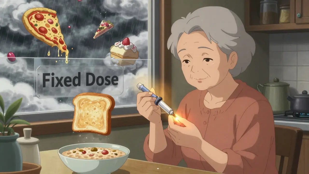 An elderly woman injecting premixed insulin beside perfectly aligned meals, with chaotic food clouds outside a barrier.