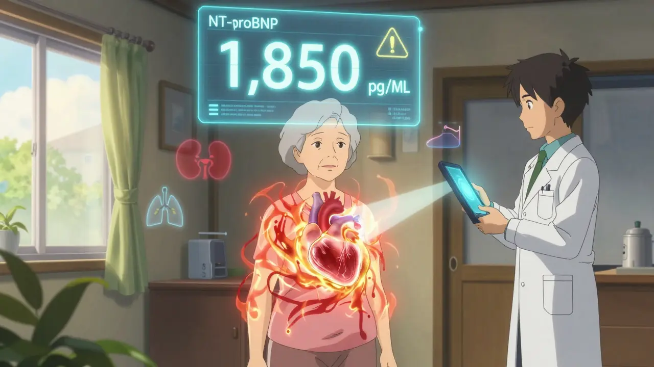An elderly woman with a translucent heart showing elevated NT-proBNP levels, surrounded by floating health icons.
