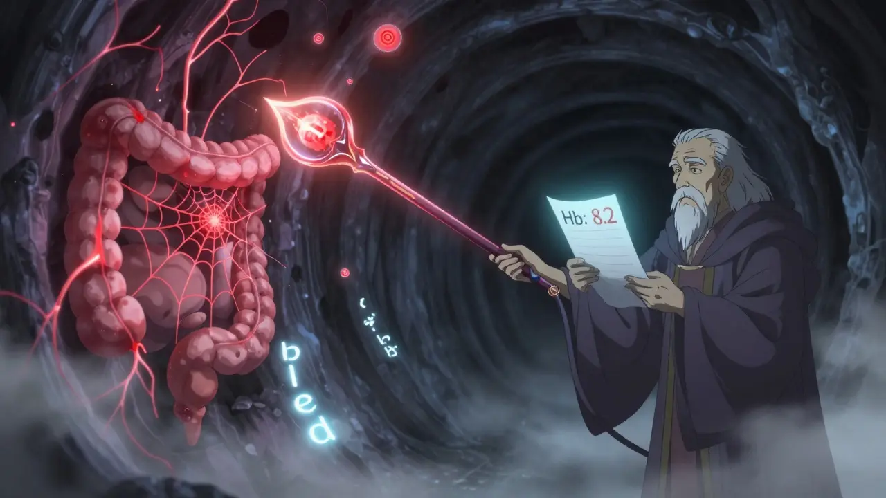 An endoscope illuminating fragile red vascular webs in a dark intestinal tunnel with floating iron orbs.