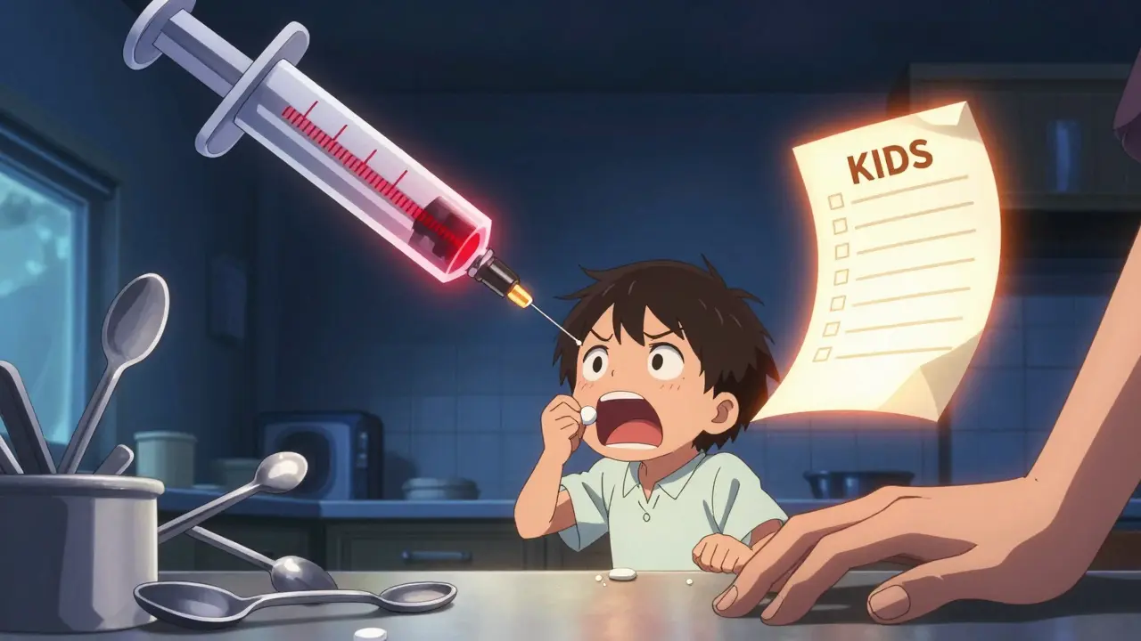 Child refusing a pill as a giant oral syringe looms over a kitchen counter with distorted spoons.