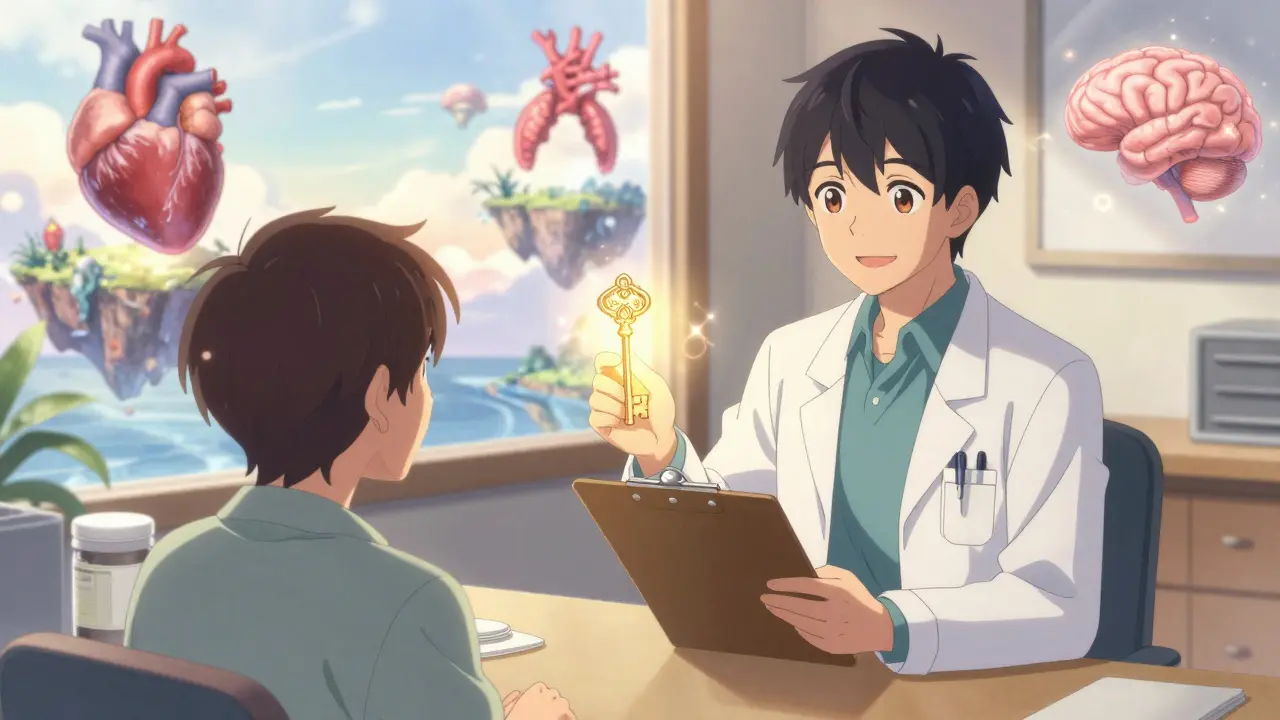 Doctor handing a glowing key labeled 'Brain Chemistry Balance' in a room transformed into a healing fantasy landscape.