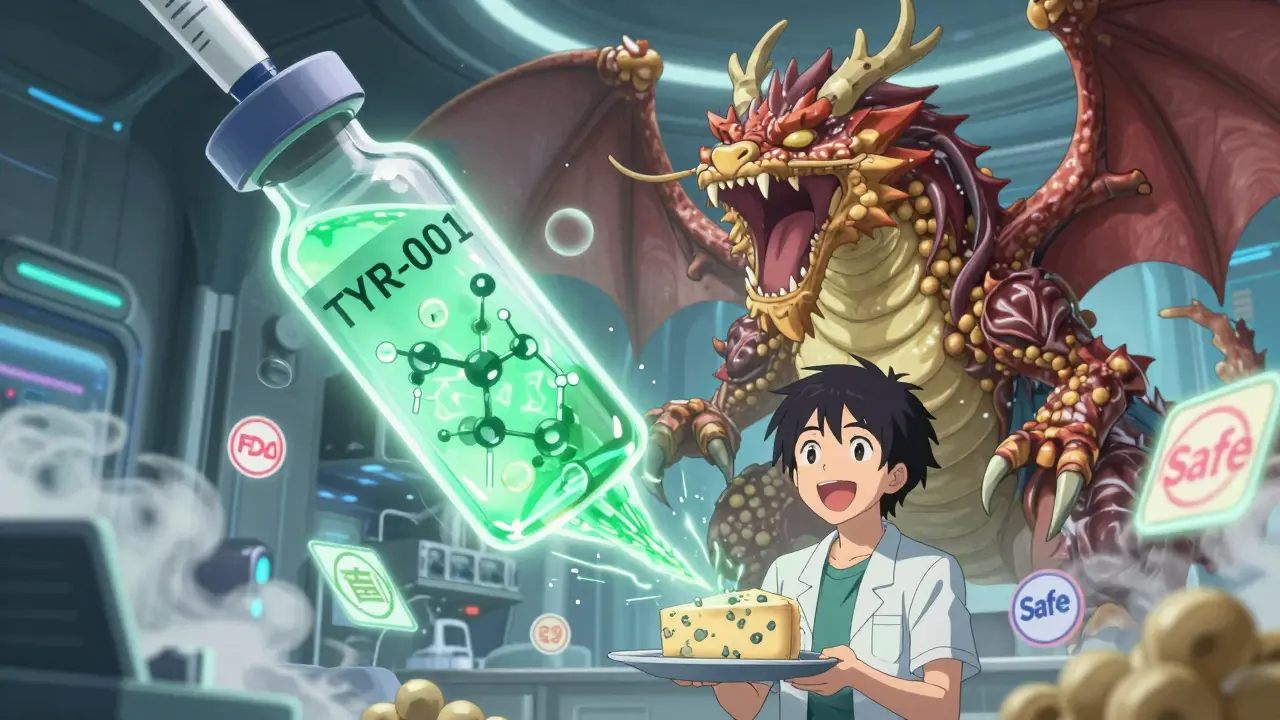 Futuristic enzyme supplement neutralizing a tyramine dragon in a cyber-fantasy lab