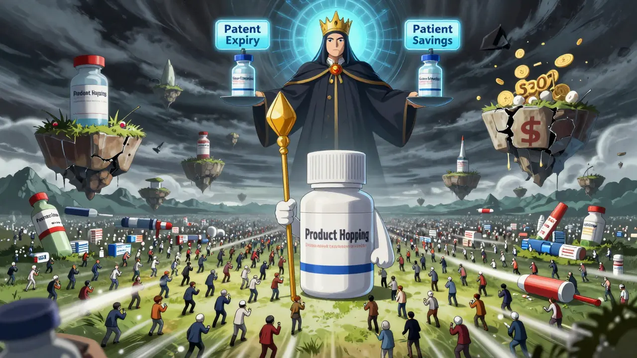 Generic drug manufacturers charging a brand titan on a battlefield, with a celestial FDA judge above.