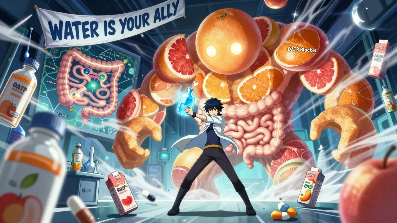 Hero battling a fruit monster in a human intestine realm, holding water as their weapon.