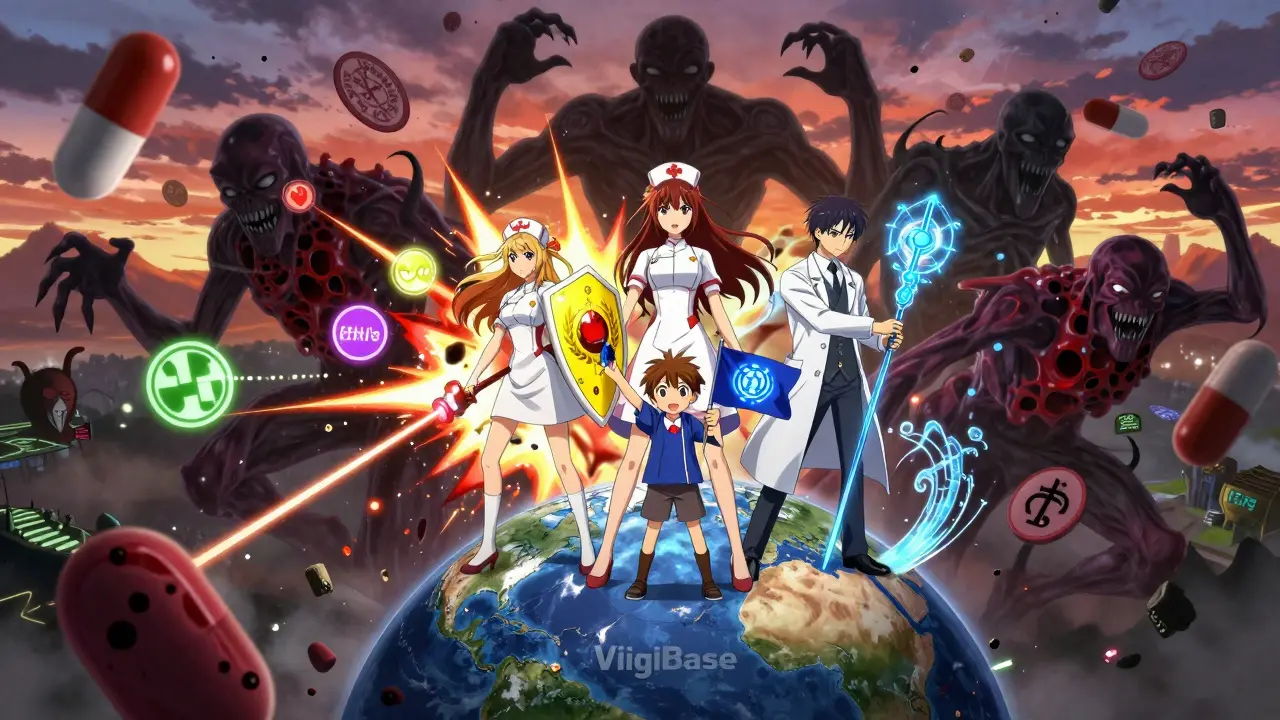 Heroes battle shadowy drug threat monsters atop a fractured globe, using medical symbols as weapons under a dramatic sky.