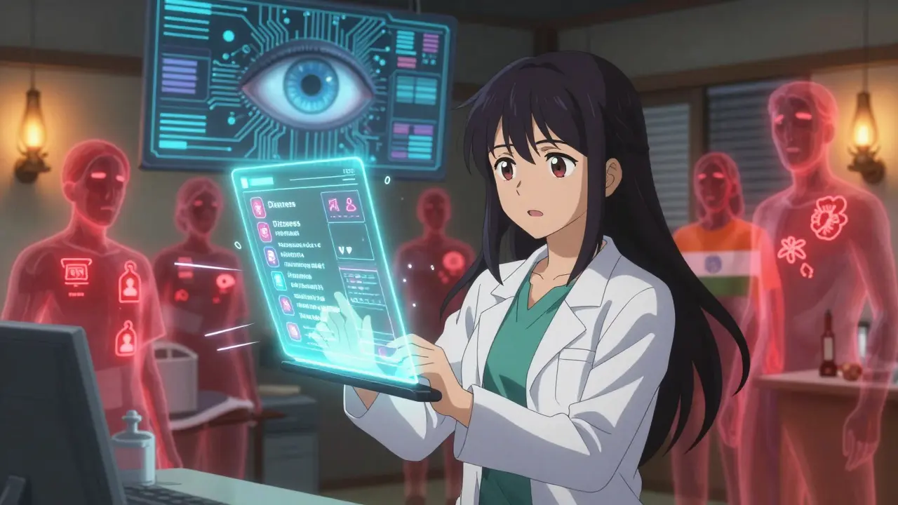 Nurse in Nigeria using a glowing tablet to send standardized drug safety reports, with spectral patient echoes from around the world.