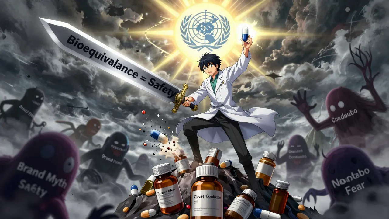 Pharmacist battling mythical drug misconceptions with a bioequivalence sword in isekai style.