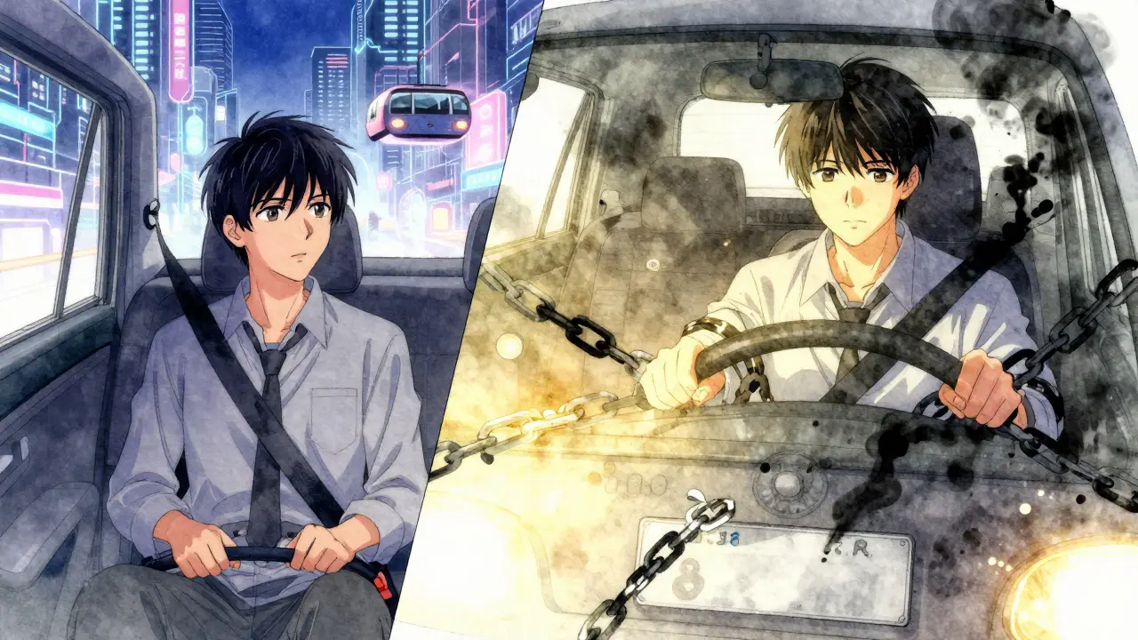 Split scene: one side shows safe ride-share travel, the other shows the same person trapped by legal chains while driving.