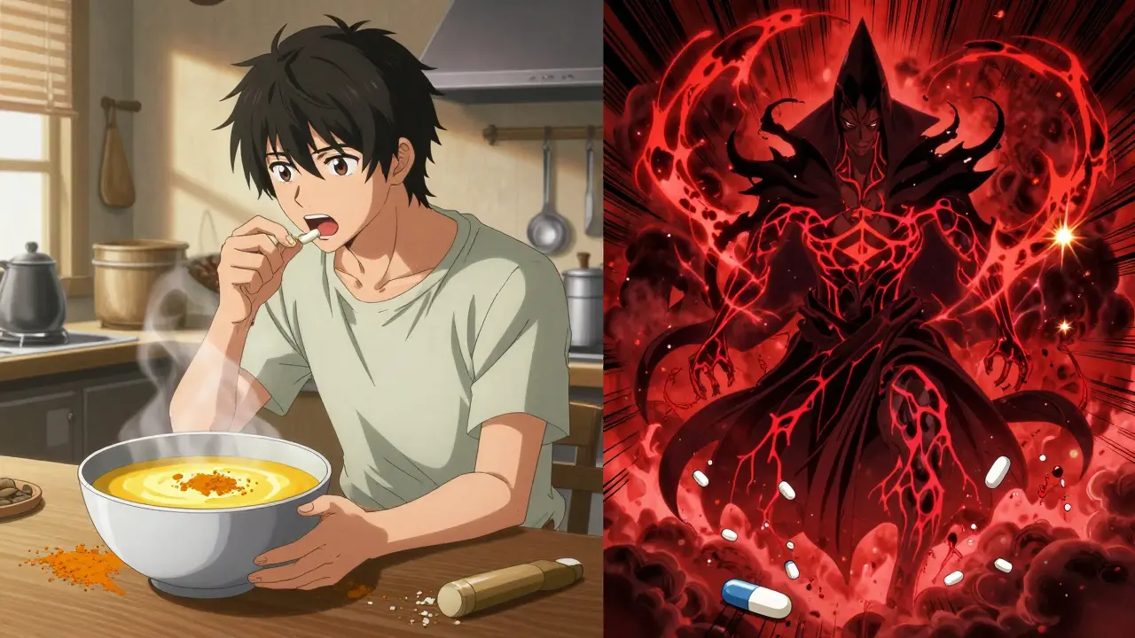 Split scene: peaceful golden milk preparation vs. a dark sorcerer transformed by turmeric supplements with blood-red clouds.
