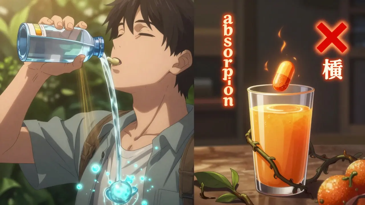 Split scene: water helps medication absorb, juice blocks it with dark vines in fantasy style.