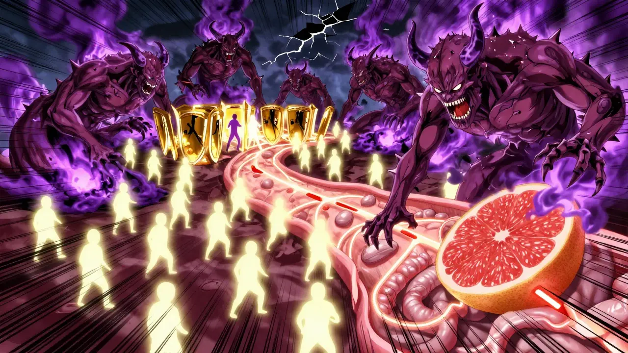 Statin soldiers battle grapefruit demons inside a human body, while safe statins remain protected.