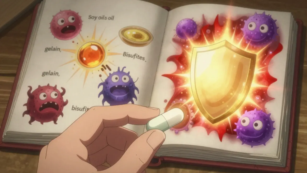 Two identical pills side by side, one safe and glowing, the other releasing microscopic allergen monsters.