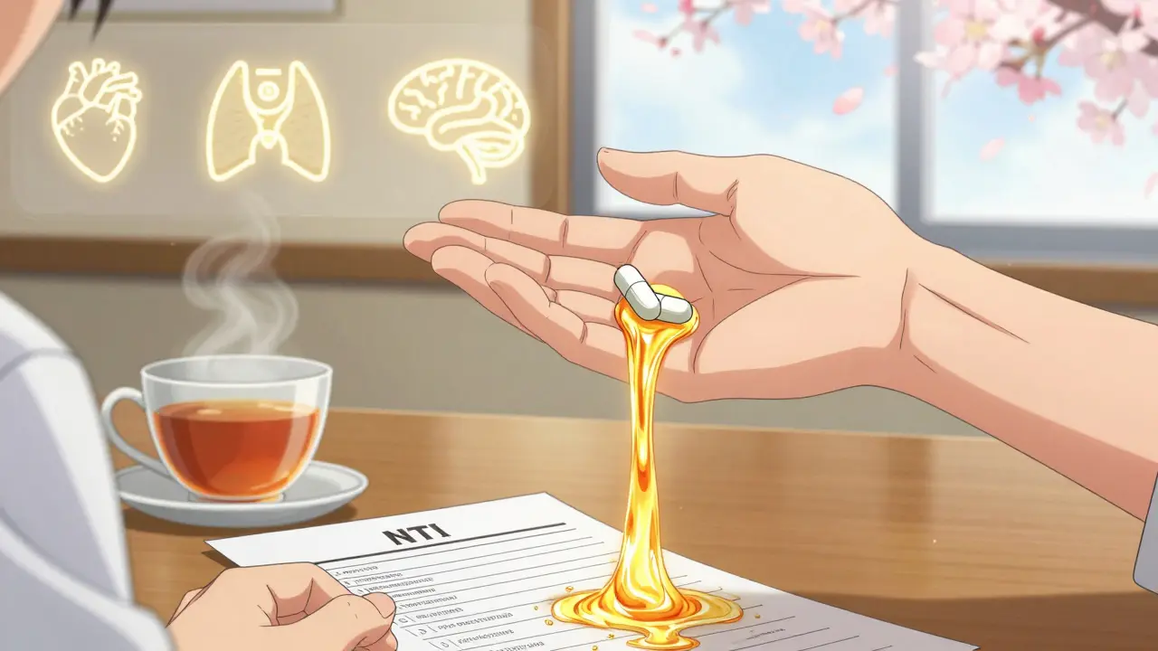 Two pills dissolving into identical golden streams, symbolizing generic and brand equivalence.