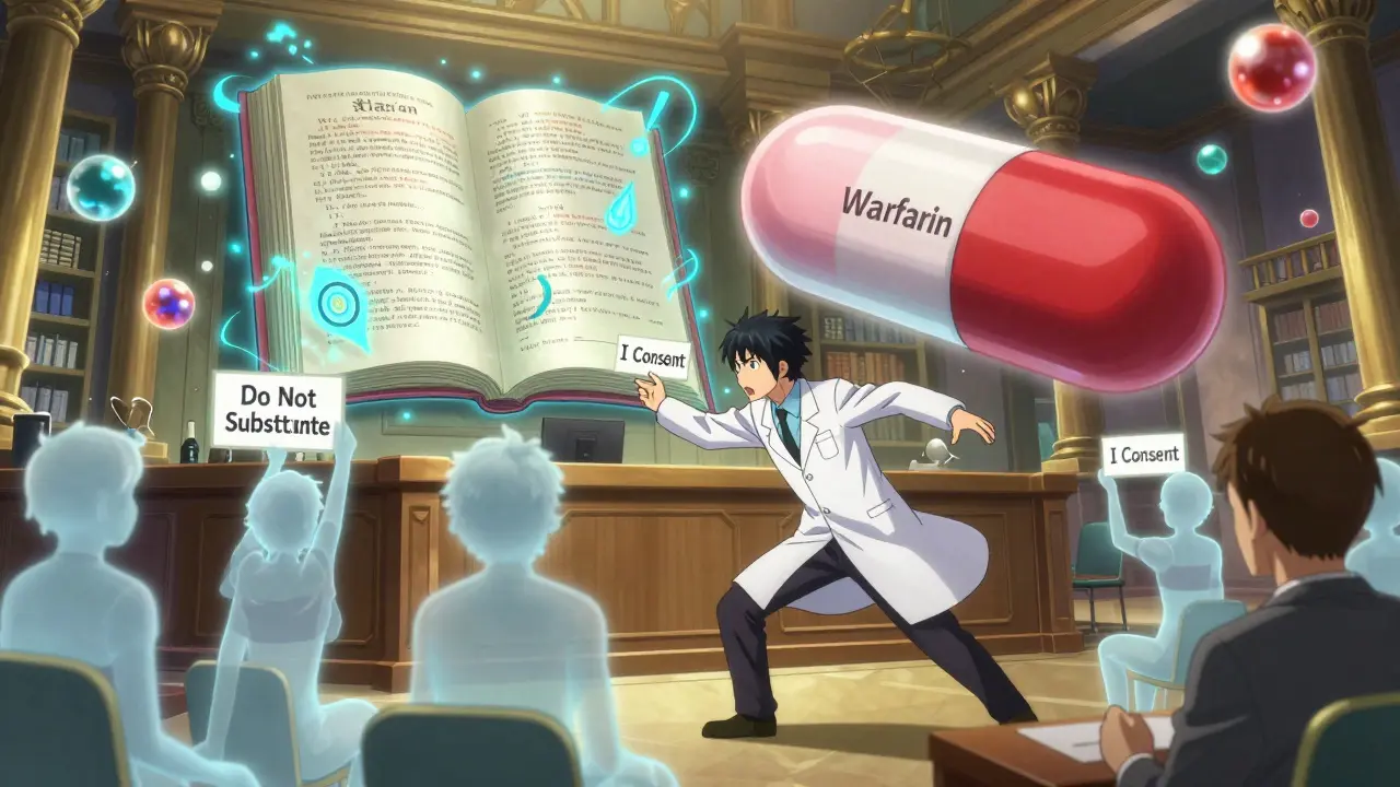 A doctor battles a pill monster over substitution rules in a magical pharmacy courtroom.