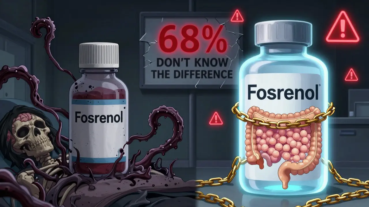 A dramatic split scene: toxic antacid vs. safe prescription phosphate binder in glowing anime style.