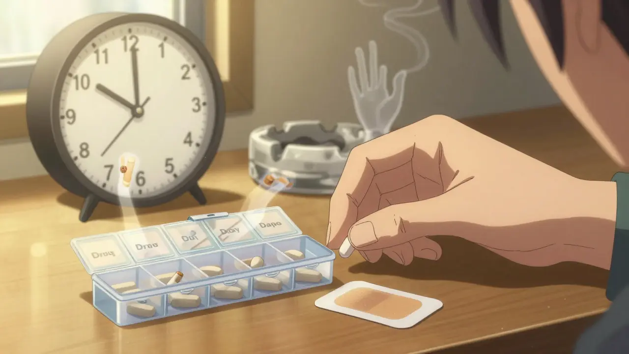 A hand placing bupropion and a nicotine patch beside a clock, with fading smoke ghosts of cravings.