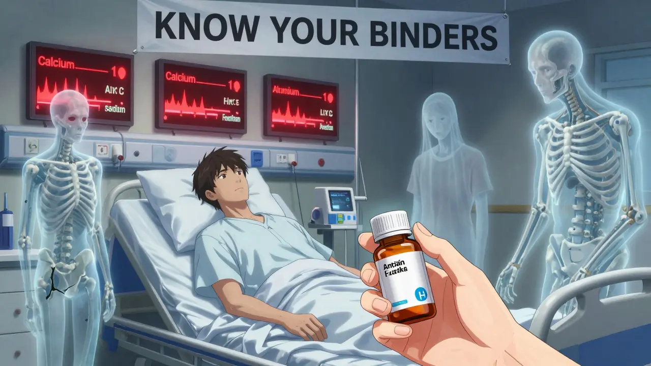 A hospitalized patient with glowing toxic electrolyte levels, surrounded by ghostly victims of antacid misuse.