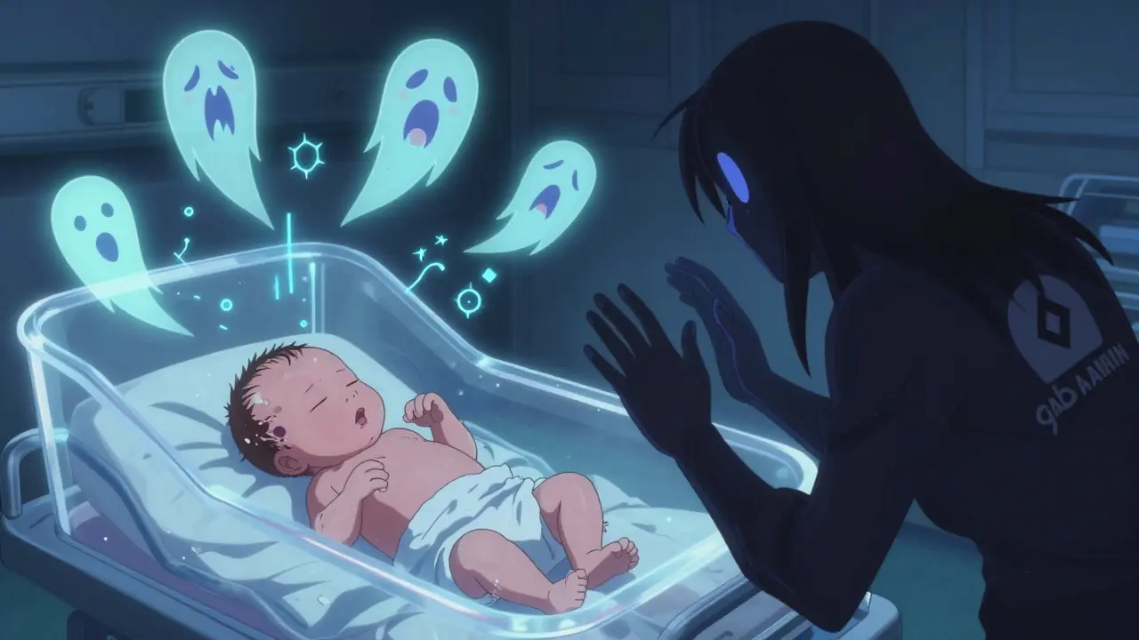 A newborn in an incubator surrounded by ghostly symbols of withdrawal, with a maternal hand reaching through a translucent barrier.