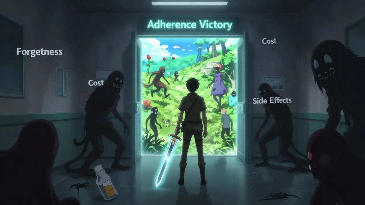 A person wielding a pill-shaped sword against shadowy foes labeled 'Forgetfulness' and 'Cost' in a fantasy hospital battlefield.
