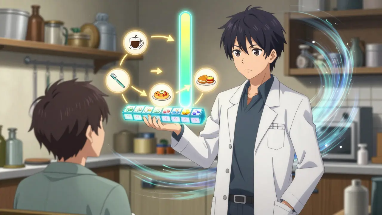 A pharmacist and patient in a kitchen with a hovering pill organizer linked to daily habits like coffee and brushing teeth.