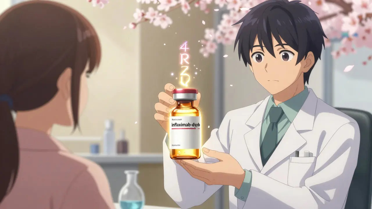 A pharmacist handing a patient a biosimilar vial with floating four-letter suffix runes in anime style.