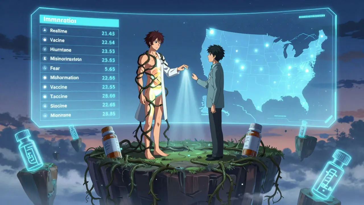 A pharmacist uses light to dispel fear and misinformation surrounding vaccines, with health data floating in the background.