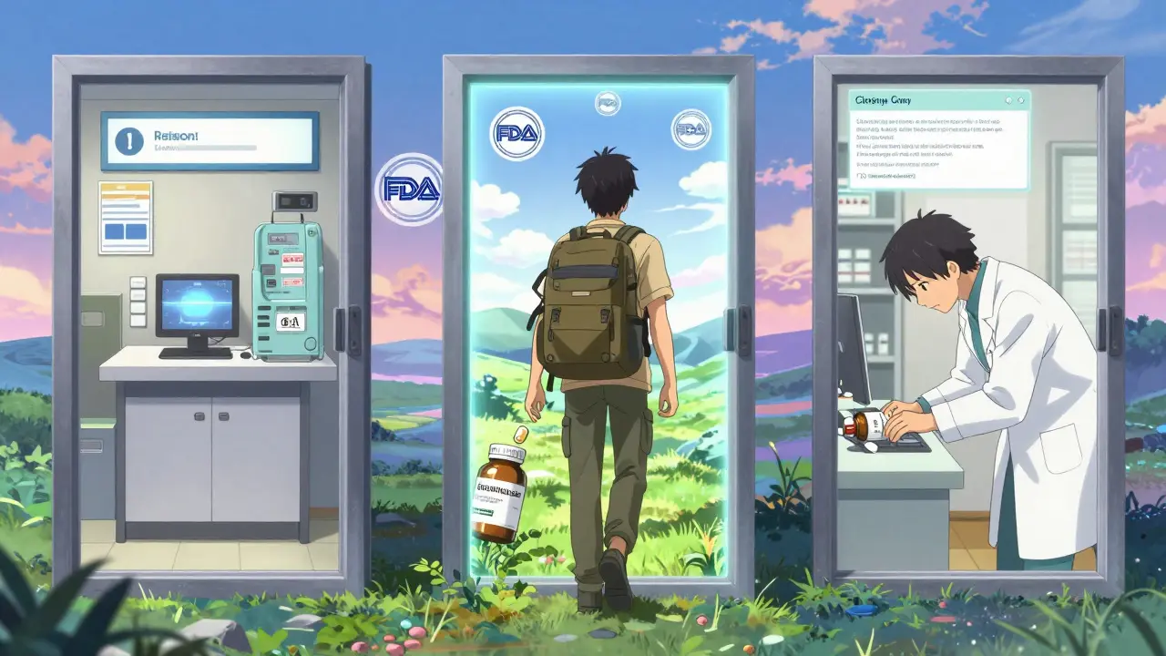 A traveler passes between two states with different pharmacy substitution rules through a portal.