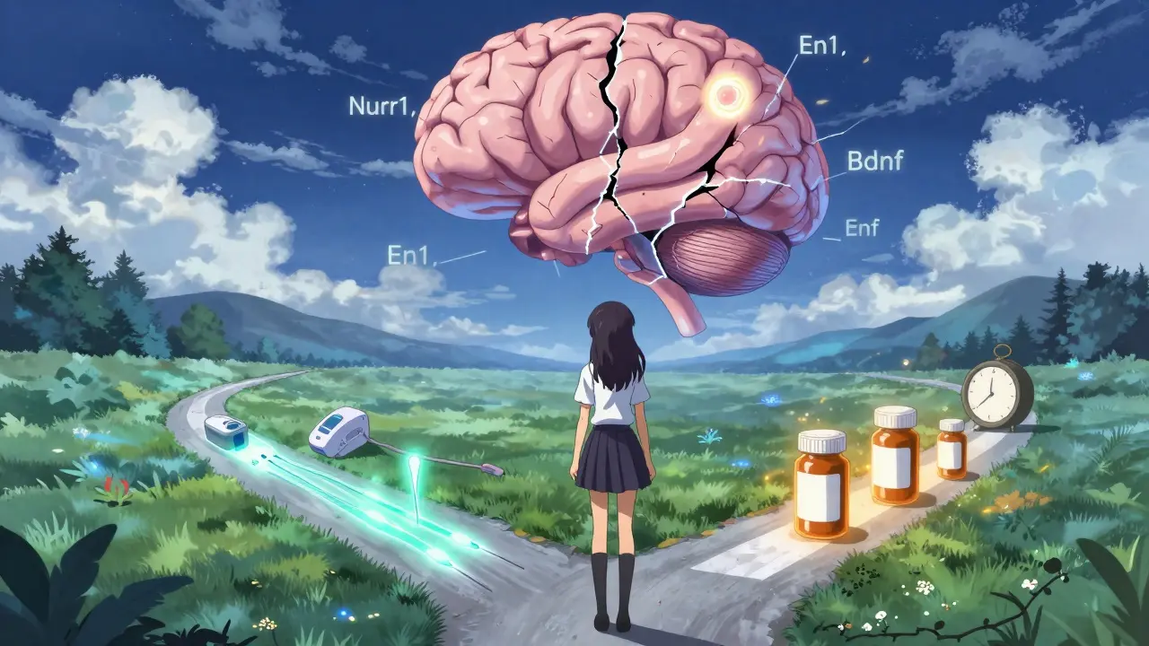 A woman at a crossroads with one path showing non-drug therapies and the other showing prescription bottles and a fracturing fetal brain.