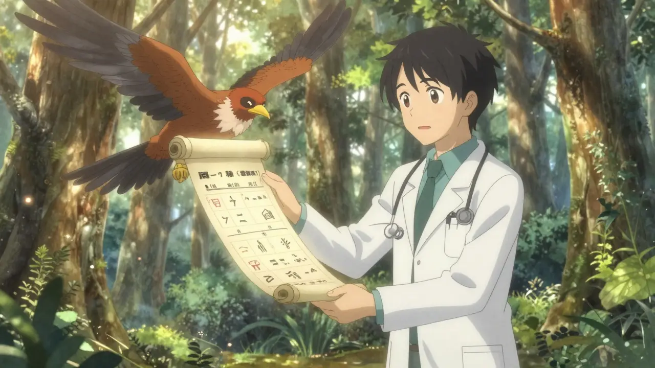 Doctor receiving formulary update scroll from a mythical bird in a forest.