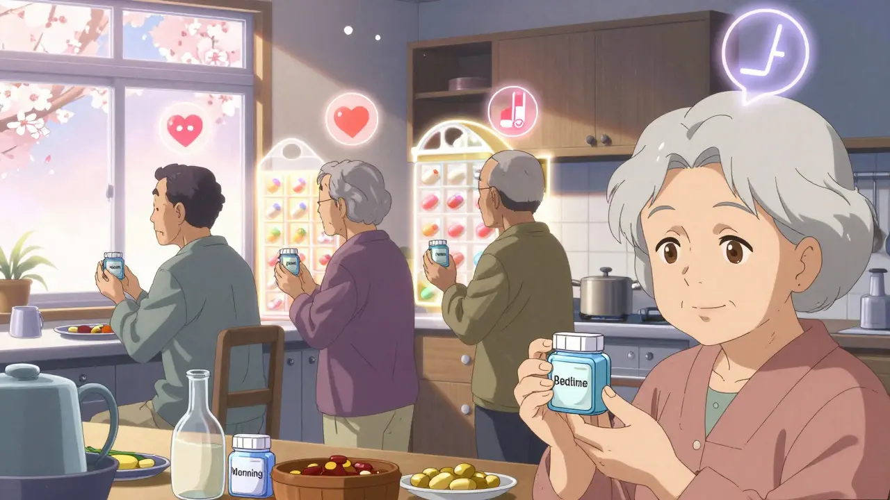 Four elderly people in a kitchen holding labeled pill boxes with glowing icons above their heads.