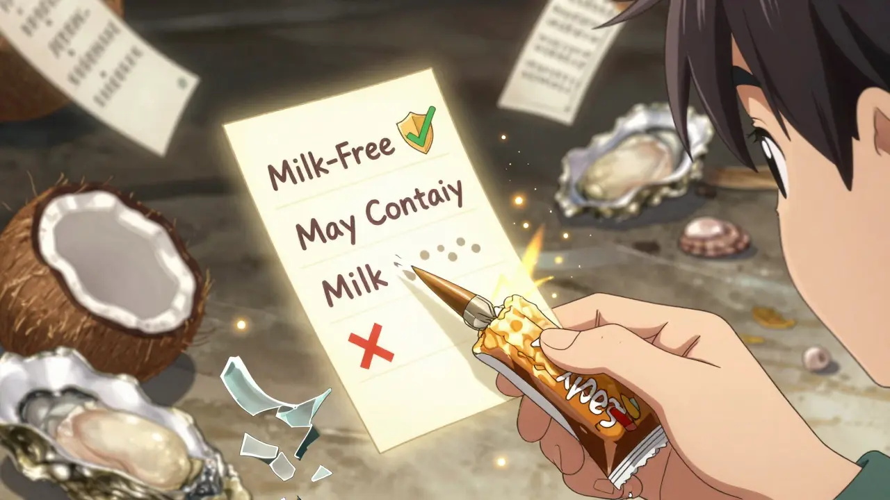 Hand holding snack bar as magical text erases 'May Contain' warning, with floating allergen fragments.