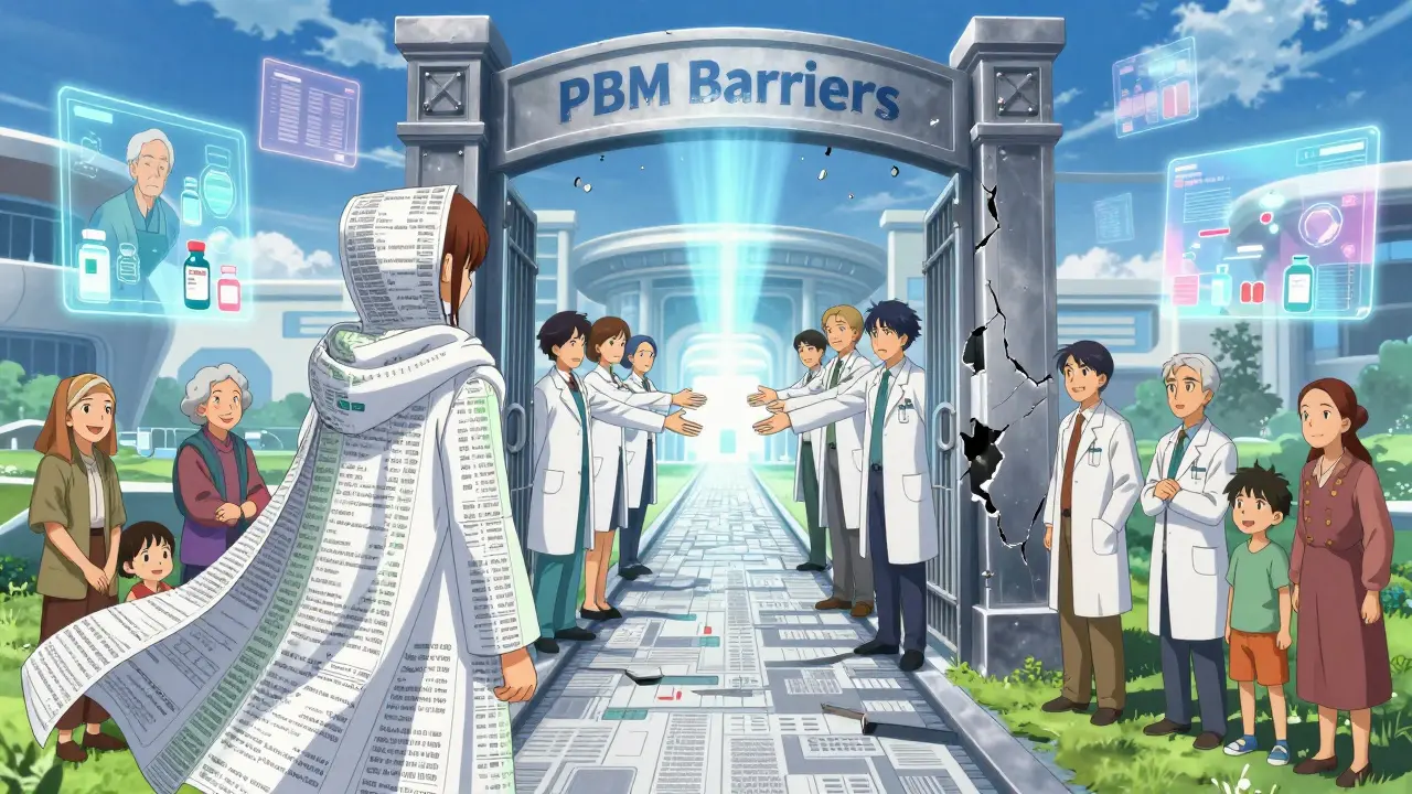 Pharmacists unite to repair broken healthcare barriers, creating a bridge to integrated care under a glowing sky.