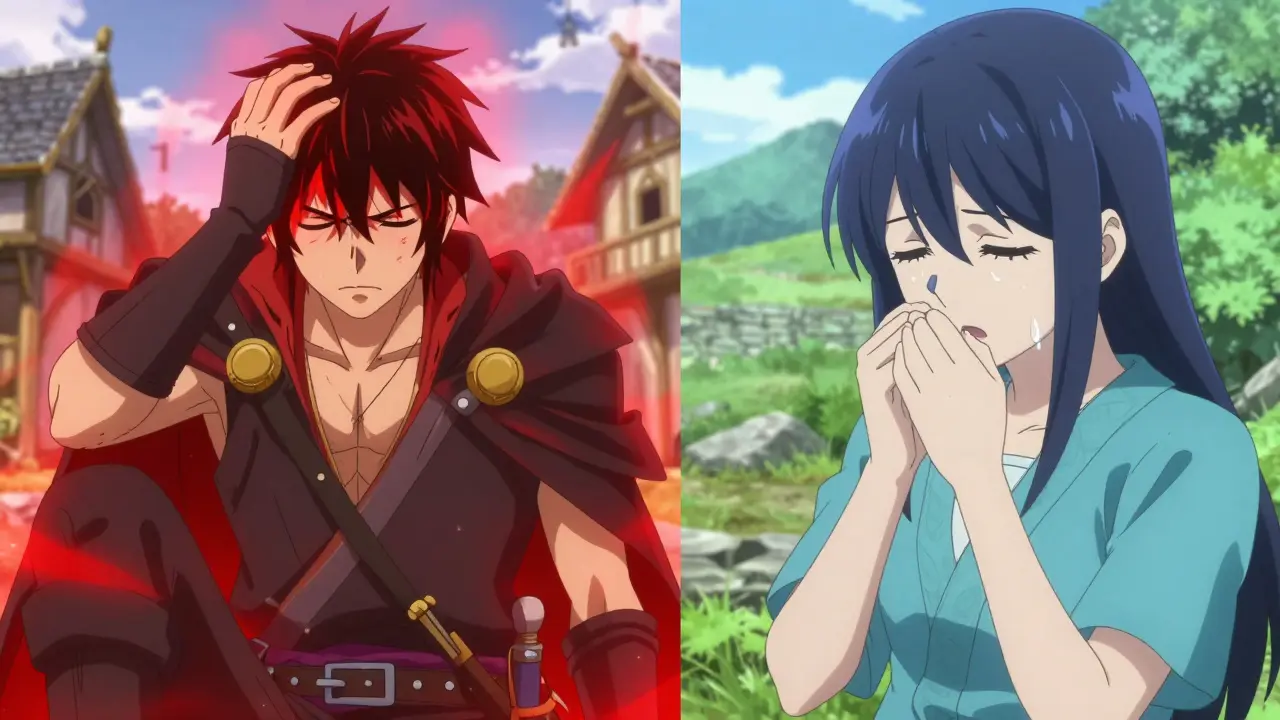 Warrior with high fever (red aura) and person with mild cold symptoms (blue aura) in fantasy village.