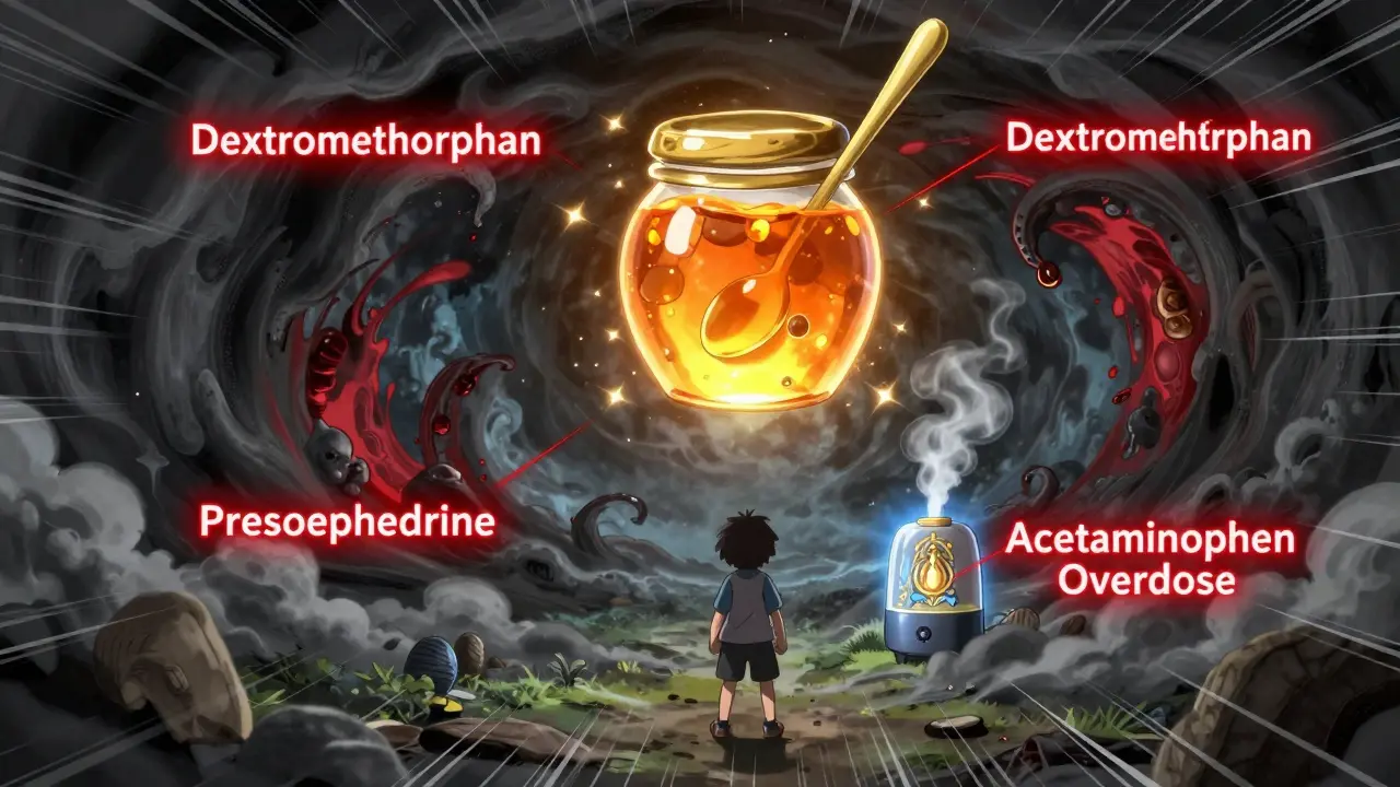 A child stands against toxic medicine vortexes, protected by a glowing honey jar and cool-mist humidifier in an anime battle scene.