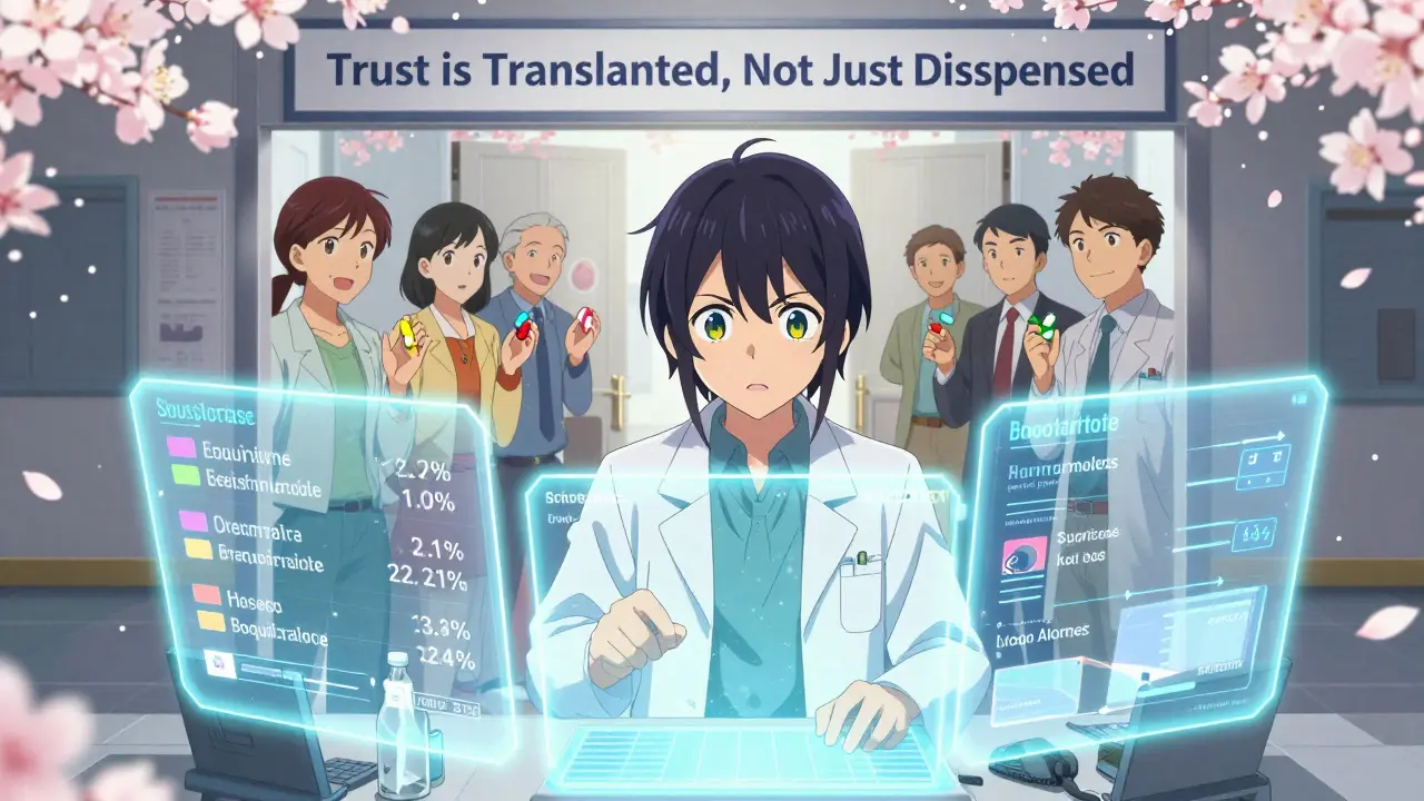 A pharmacist at a glowing terminal surrounded by holographic health data, with a portal showing patients accepting different pill shapes.