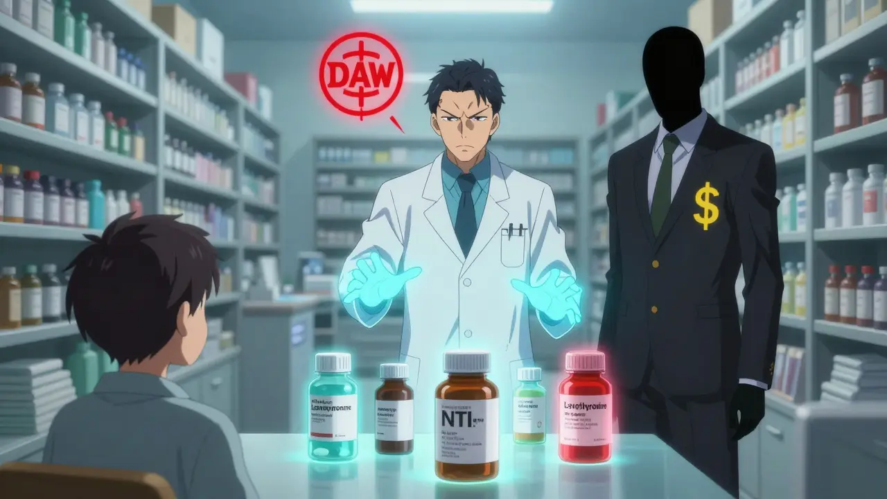 A pharmacist caught between spectral representations of a doctor and payer, with floating medication bottles around a worried patient.