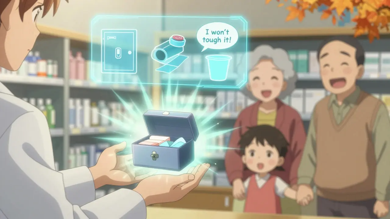 A pharmacist gives a grandparent a glowing lockbox with floating safety icons above them.