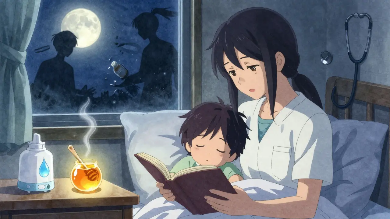 A sleeping child is comforted by honey, saline drops, and a humidifier, while dangerous medicine bottles crumble into dust under moonlight.