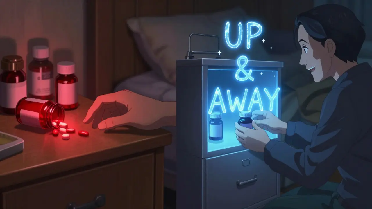 A split scene showing dangerous medicine storage on one side and safe, glowing storage on the other.