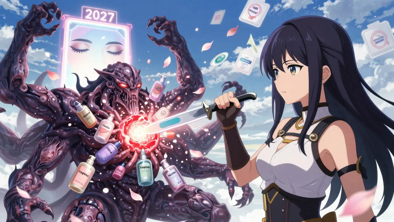 A warrior woman defeating a monster made of cosmetic ingredients, with a glowing portal showing healed skin and safe products.