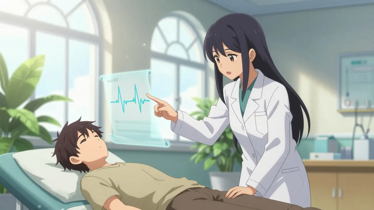 Anime doctor and patient smiling while reviewing stable health status chart
