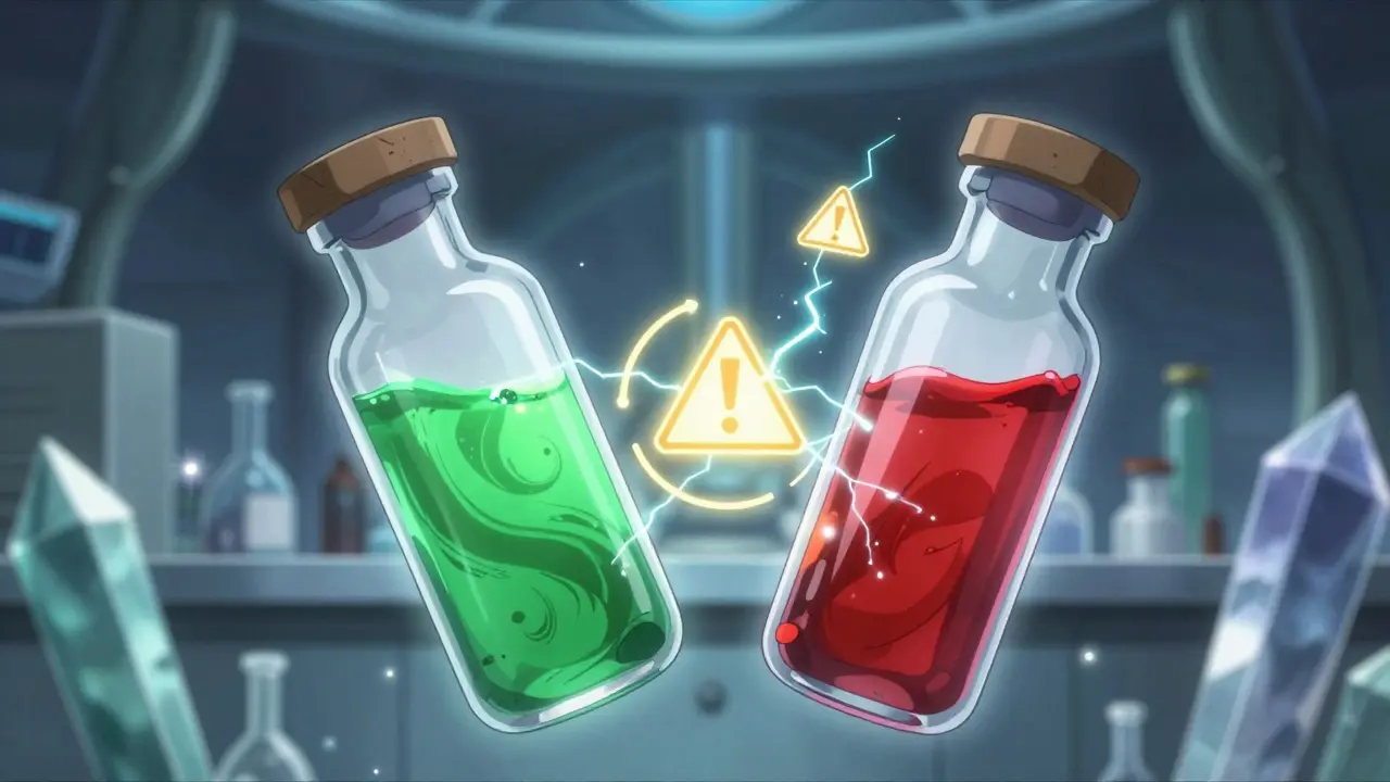 Fantasy vials showing antibiotic and blood thinner chemical reaction sparks