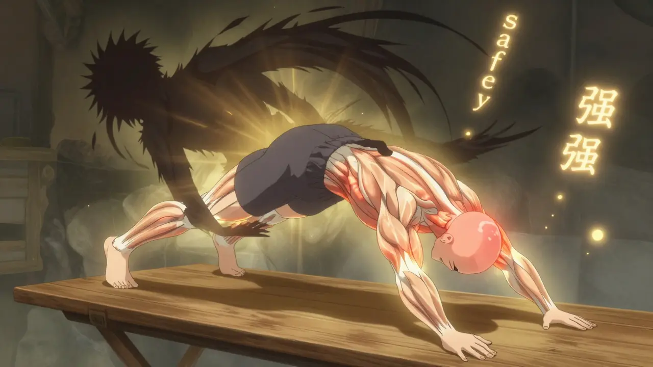 Hands performing a bird-dog exercise with glowing muscles, pushing back a dark shadow of chronic pain.