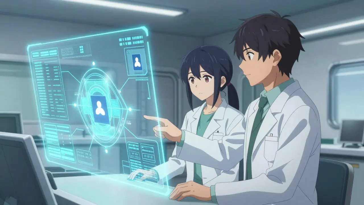 Healthcare team collaborating using digital records and analysis tools.