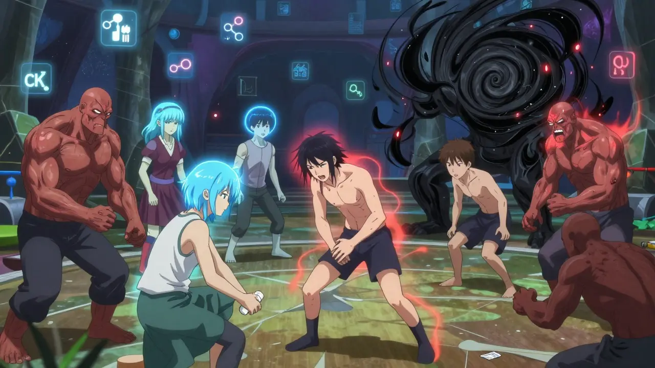 Patients with glowing statin auras battling muscle pain monsters in a mystical arena, with medical symbols floating around them.